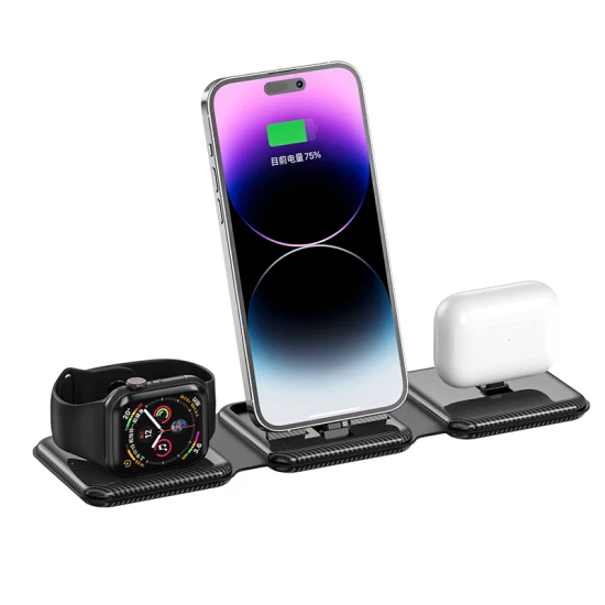 Caricabatterie wireless 3 in 1 pieghevole di nuovo design per cellulari, auricolari, orologi